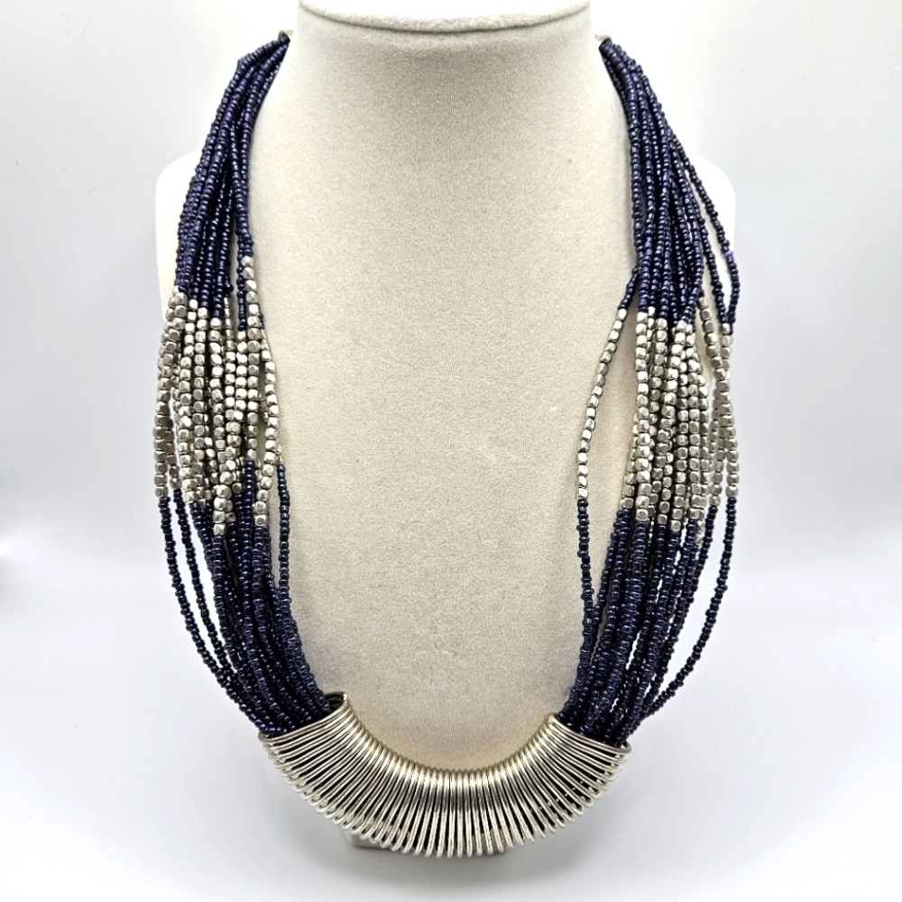 VINTAGE Silver and Navy Blue Seed Bead Statement Necklace Boho
